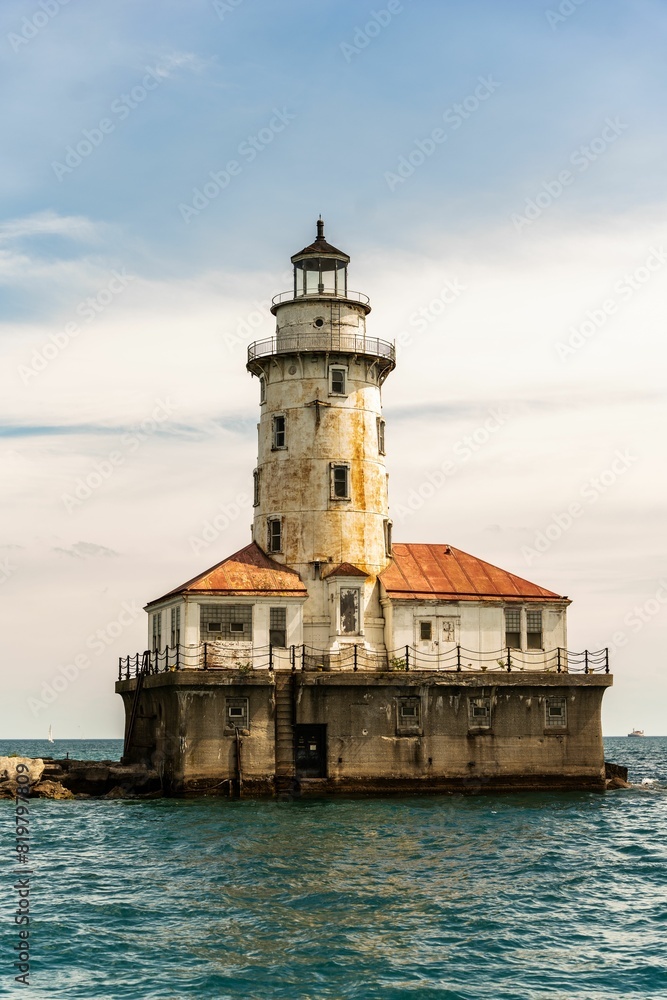 Aged lighthouse at the shore of a tranquil lake, its weathered beams basking in the warm light Aged lighthouse at the shore of a tranquil lake, its weathered beams basking in the warm light