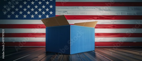 Open blue box on a wooden floor against American flag background, symbolizing open opportunities and freedom in the USA.