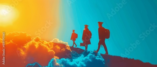 Silhouettes of three pilots walking above the clouds towards a vibrant sunrise, symbolizing adventure and aviation. © สุทธิรัศมิ์ กุลเมือง