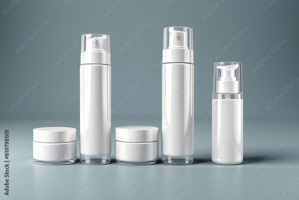 Cosmetic Bottle Set for liquid, cream, gel, lotion. Beauty product package, blank templates of transparent and white plastic containers: dispenser, cream jar, tube. 3d rendering. Cosmetic Bottle Set for liquid, cream, gel, lotion. Beauty product package, blank templates of transparent and white plastic containers: dispenser, cream jar, tube. 3d rendering.