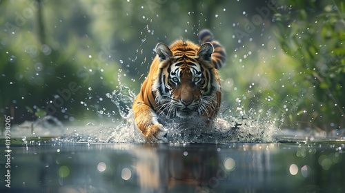 Amazing Tiger running in the water, Danger animal, tajga in Russia, Animal in the forest stream photo