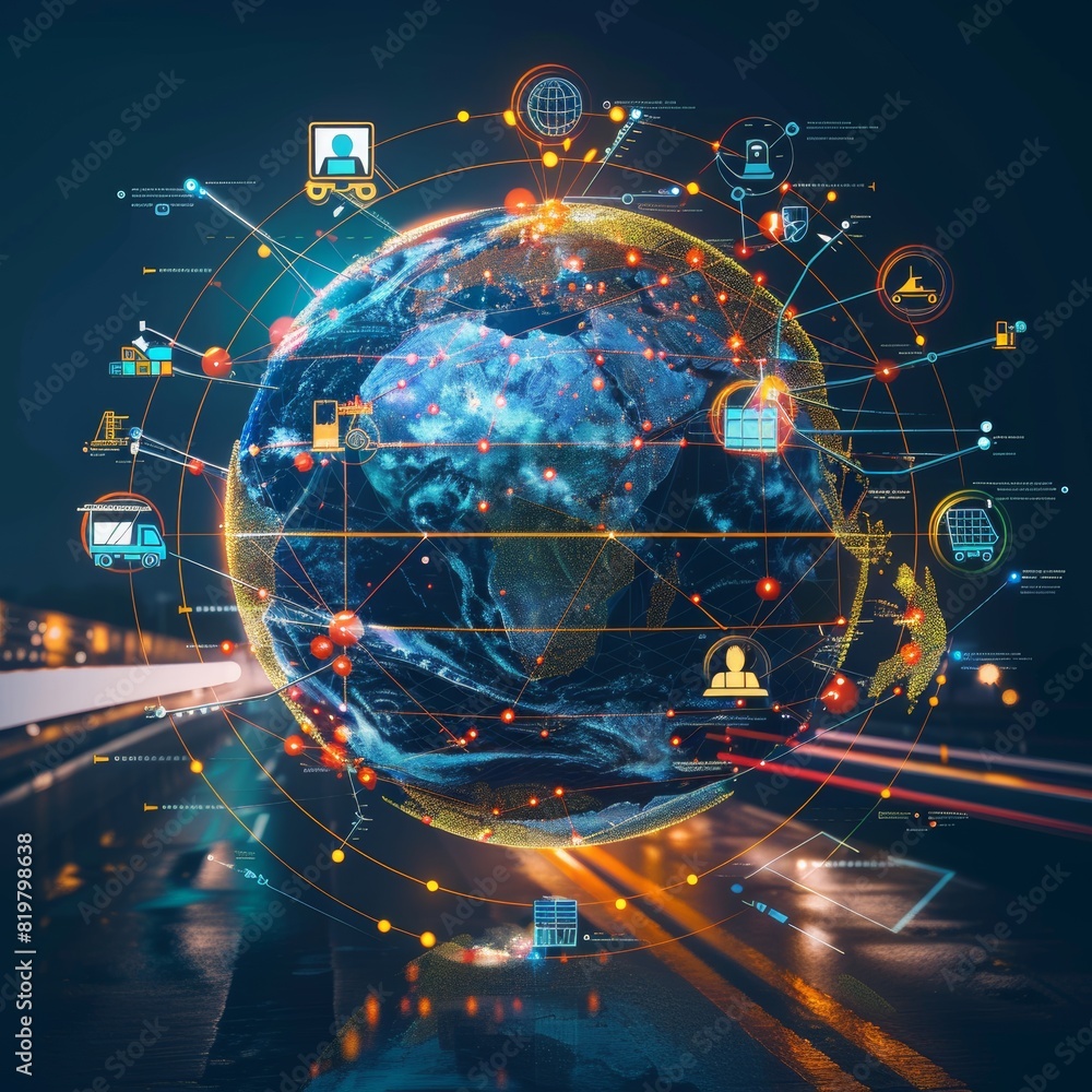 Obraz premium Global Shipping and Logistics Network - Digital Connections Representing Worldwide Trade and Distribution