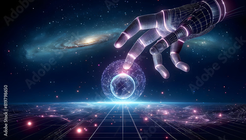 Robotic Hand Interacting with Energy Sphere in Cosmic Landscape © DesignByGade