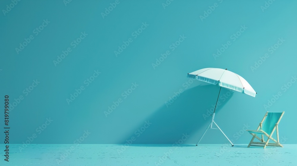 A minimalist blue background with a small outline of a beach umbrella and chair, evoking the essence of relaxation