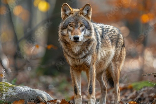 A lone brown wolf is standing in the woods, high quality, high resolution