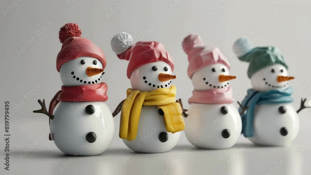 Four snowmen with scarves and hats are standing next to each other. The snowmen are all different colors, with one being red, one being pink, one being yellow, and one being blue Four snowmen with scarves and hats are standing next to each other. The snowmen are all different colors, with one being red, one being pink, one being yellow, and one being blue