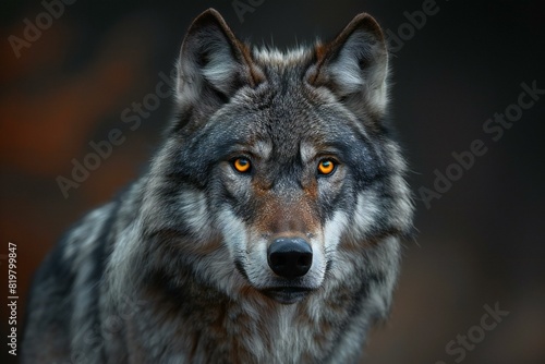 Digital image of the gray wolf has bright yellow eyes, high quality, high resolution