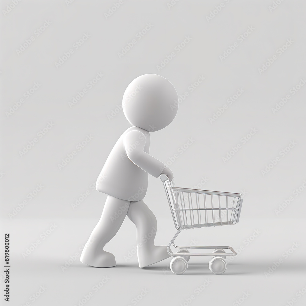 3D Simple White Cartoon Character Pushing an Empty Shopping Cart 3D Simple White Cartoon Character Pushing an Empty Shopping Cart