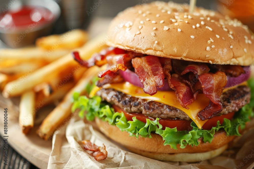 Cheese burger - American cheese burger with Golden French fries on wooden board. Beautiful simple AI generated image in 4K, unique. Cheese burger - American cheese burger with Golden French fries on wooden board. Beautiful simple AI generated image in 4K, unique.