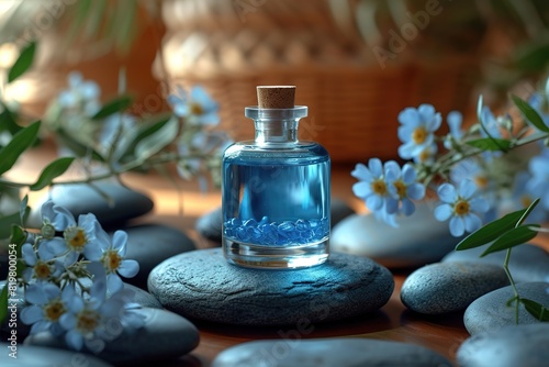 Transparent bottle of perfume on a background of stone and wood Beige and blue perfume presentation Trending concept in natural materials Womens and mens essence Natural cosmetic