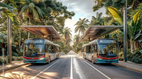 Buses using an ultra-fast electric charging station for touristic buses in a suburban highway road, surrounded by tropical jungle trees. Generative AI. photo