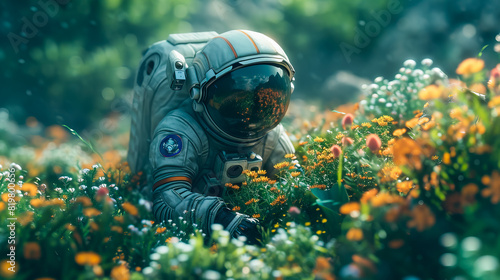 Gardening in the Cosmos. Astronaut Tending to Intergalactic Plants photo