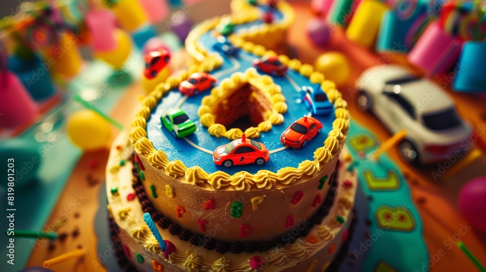 Children's Birthday Cake in the Shape of Number 8 with Racetrack Design and Toy Cars Children's Birthday Cake in the Shape of Number 8 with Racetrack Design and Toy Cars