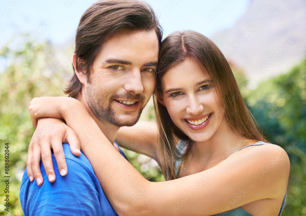 Couple, portrait and nature hug or together for relationship, bonding love and care in outside date for romance. Blue sky, trees and summer holiday with support, happy and smile for quality time Couple, portrait and nature hug or together for relationship, bonding love and care in outside date for romance. Blue sky, trees and summer holiday with support, happy and smile for quality time