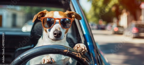 A dog driving a car on a suburban street wearing funny sunglasses.  photo