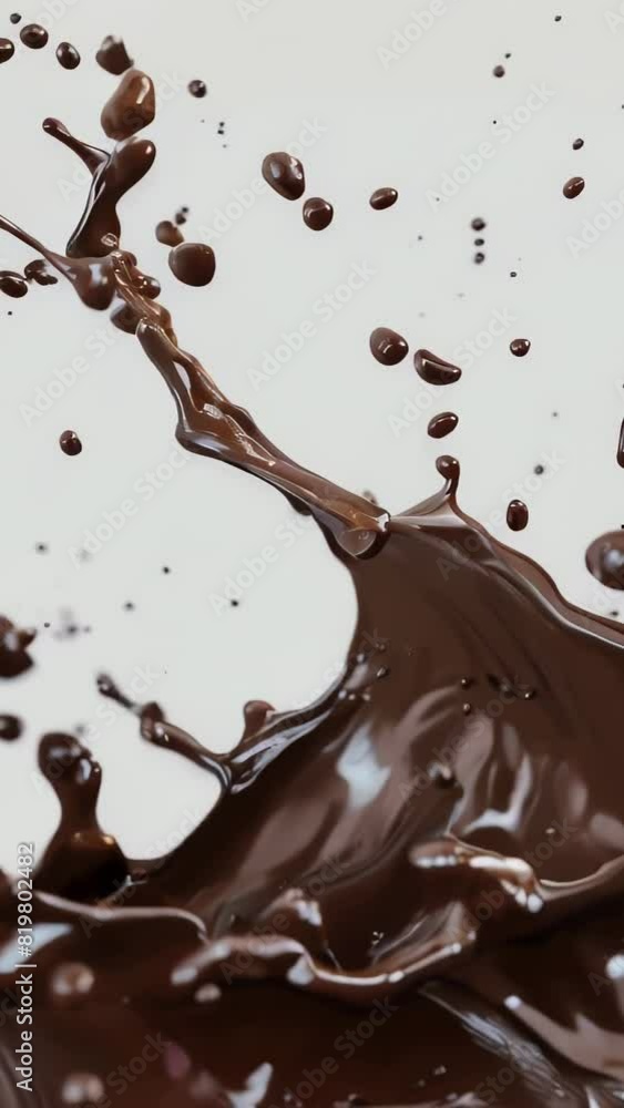 A splash of chocolate is splattered across a white background. Concept of excitement and indulgence, as the chocolate is a popular treat that many people enjoy. The splatter effect adds a dynamic A splash of chocolate is splattered across a white background. Concept of excitement and indulgence, as the chocolate is a popular treat that many people enjoy. The splatter effect adds a dynamic