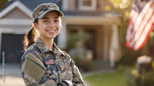Portrait of a Happy female soldier with a smile while standing outside her house with her bag. American servicewoman coming back home after serving her country in the military.