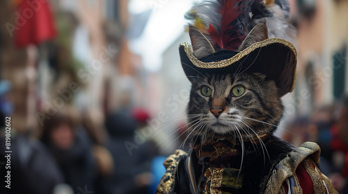 A cat wearing costume and mask during a procession in Venice carnivals that take place across Europe