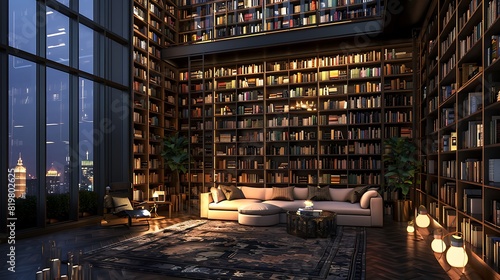 luxurious living room with floor-to-ceiling bookshelves filled with an extensive collection of books