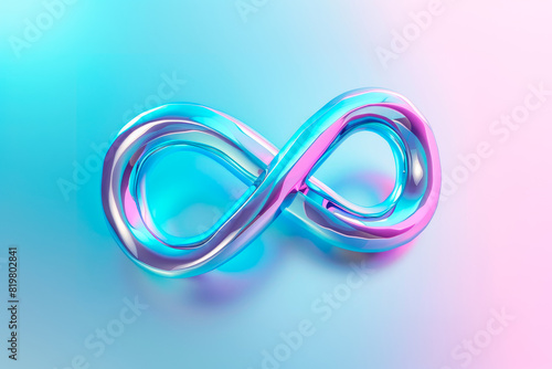 3D fluid holographic rounded infinity sign on a soft pink and blue colors