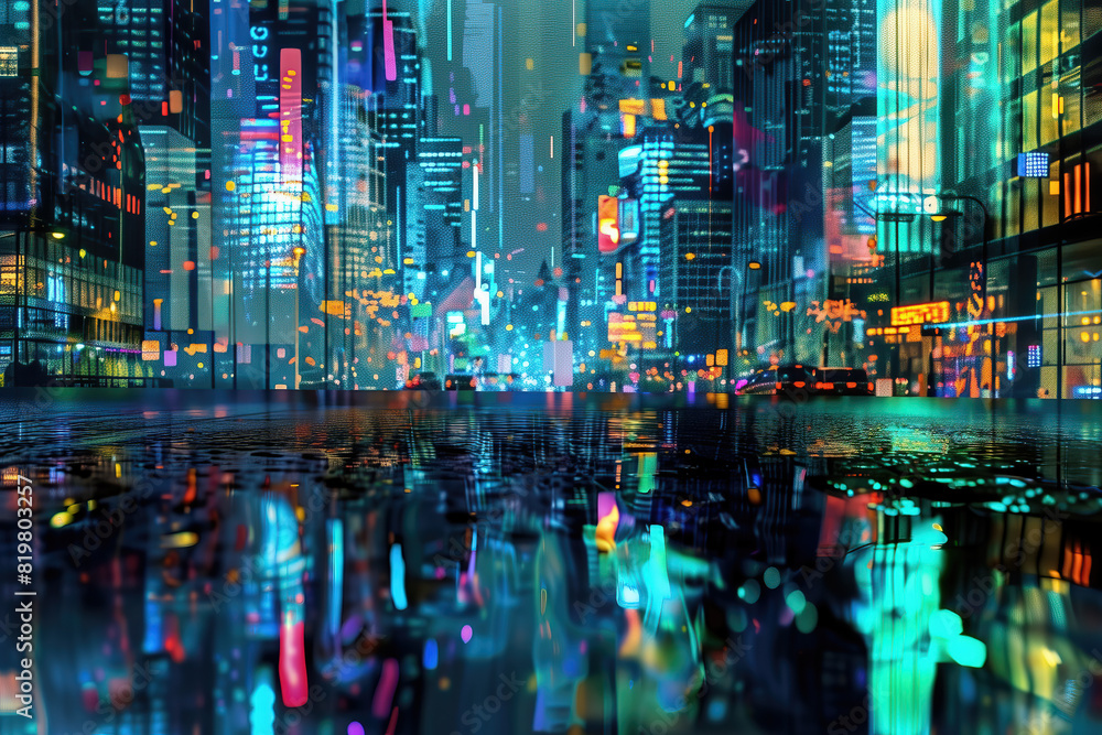 Vibrant Neon Cityscape Reflection at Night - Abstract Urban Artwork