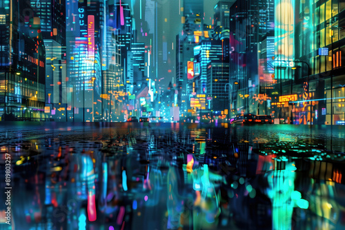 Vibrant Neon Cityscape Reflection at Night - Abstract Urban Artwork