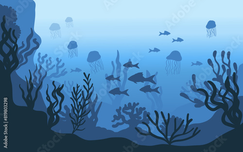 Underwater ocean fauna. Deep sea plants, fishes and animals. Marine seaweed, fish and animal silhouette vector. Underwater ocean fauna. Deep sea plants, fishes and animals. Marine seaweed, fish under 