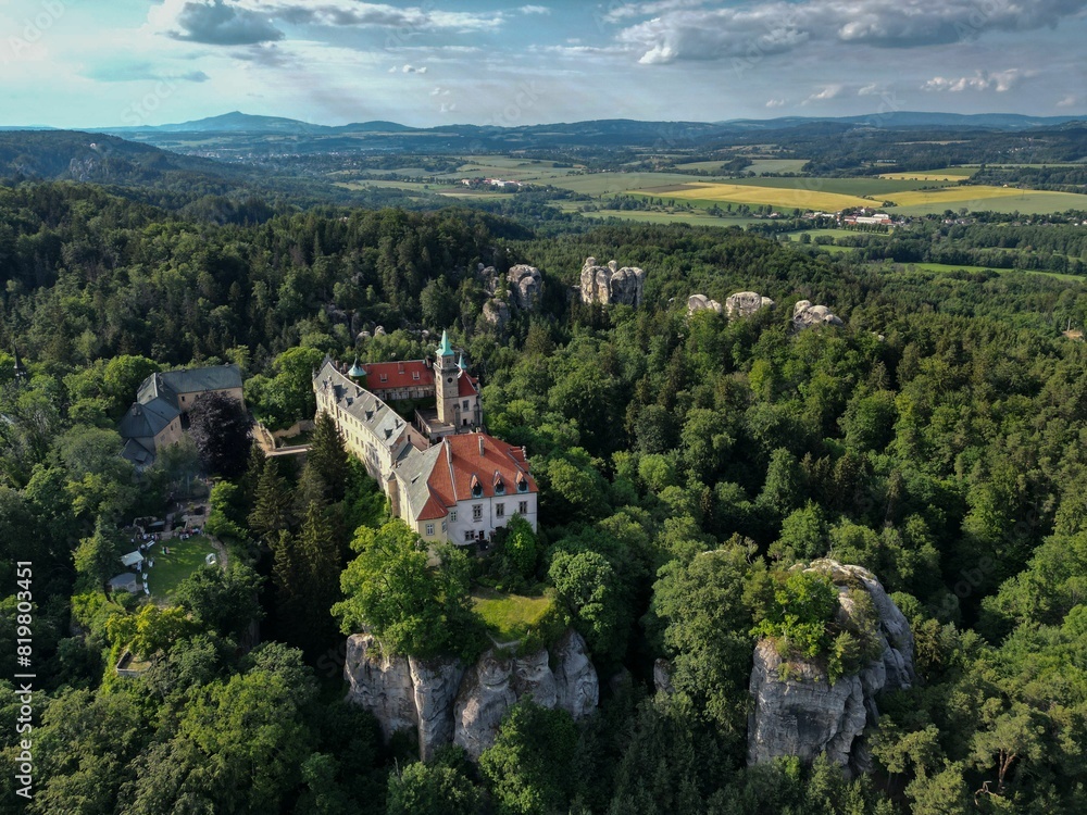 Aerial view of the Hruba Skala castle surrounded by forests in Bohemian Paradise, Czech Republic Aerial view of the Hruba Skala castle surrounded by forests in Bohemian Paradise, Czech Republic