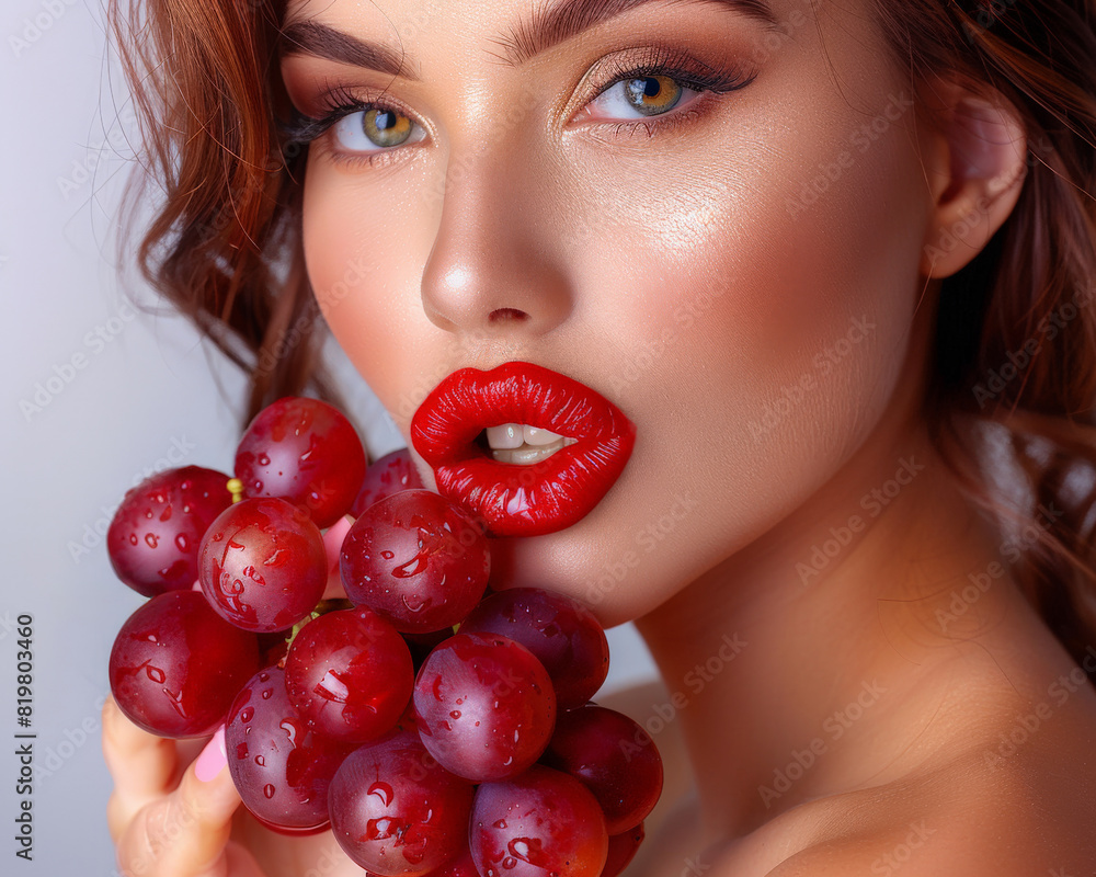 Woman with red lips holding bunch of grapes close to her face, water drops on grapes add freshness Woman with red lips holding bunch of grapes close to her face, water drops on grapes add freshness