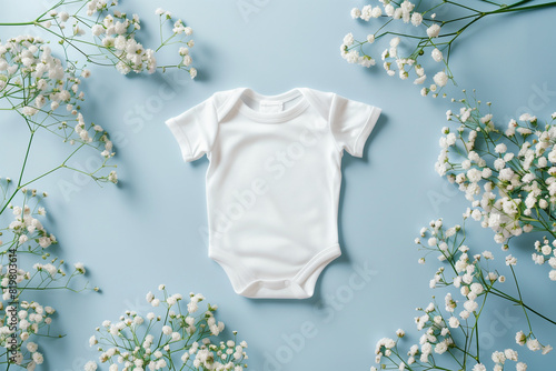 A baby's white onesie is placed on a pstel green background with white flowers