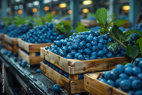 The harvested strawberries are neatly packed in wooden boxes on the sorting line, ready for distribution at a bustling farm during the peak of the harvest season