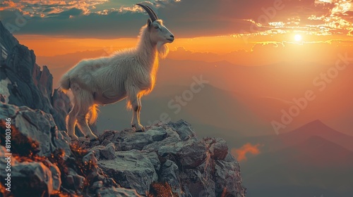 The goat is standing on a high mountain looking towards the sunset. Generative AI.