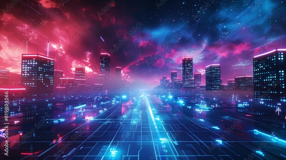 Obraz premium An 80's futuristic landscape. Cyber based background for retro sci-fi designs.