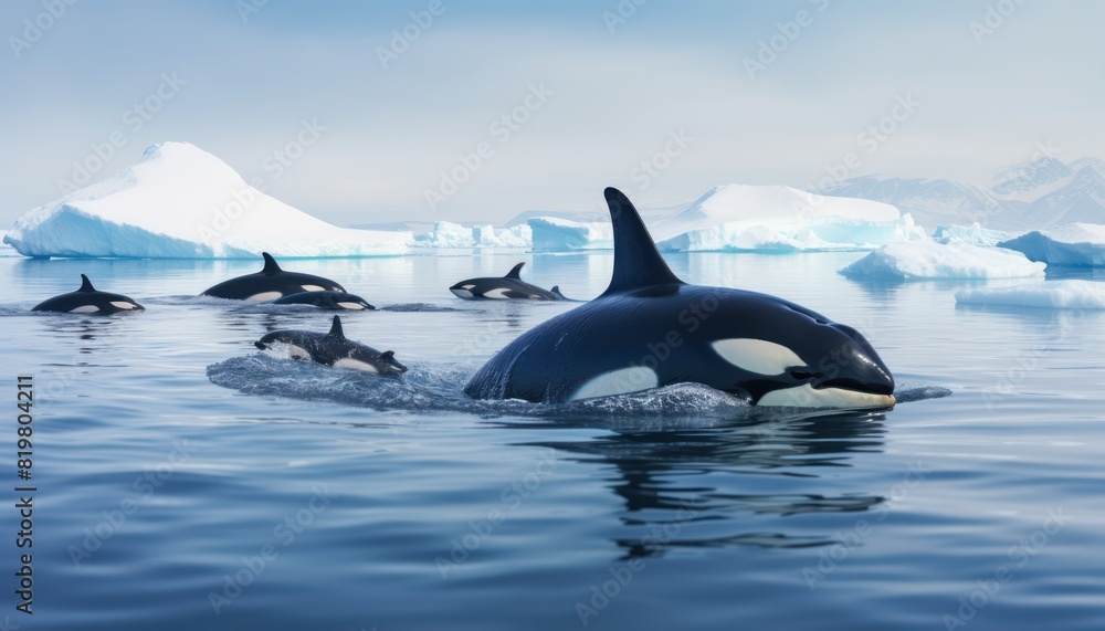Fototapeta premium Groups of Orcas or killer whales swim and hunt for prey, the top of the food chain in a sea of ice floes