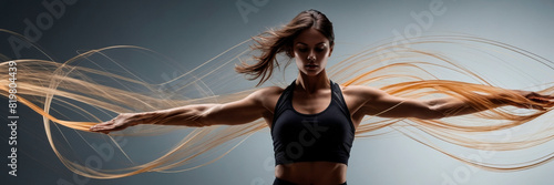 An athlete against a background of active stripes of additional warm and cold color, creating a feeling of dynamics, strength and speed.