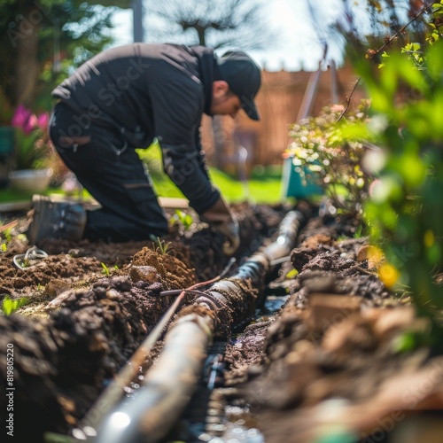 A gardener creating a drainage system in a backyard - selective focus on the trenches and pipes - dynamic, silhouette, in a residential garden