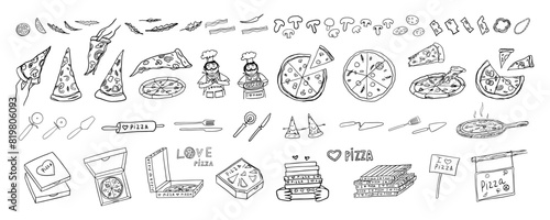 Large set of pizza, ingredients, Italian cuisine, slice of pizza and satisfied cook. Pizza time. Pizza lover. Doodle style. Hand drawn. Great for menu design, banners. Vector illustration EPS10
