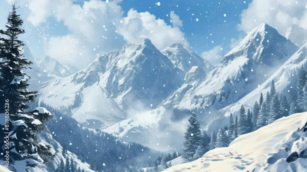 A snowy mountain landscape with a lone pine tree in the foreground. The scene is peaceful and serene, with the snow covering the ground and the mountains in the background A snowy mountain landscape with a lone pine tree in the foreground. The scene is peaceful and serene, with the snow covering the ground and the mountains in the background