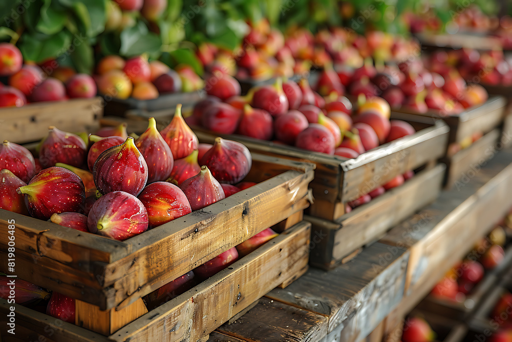 The harvested figs are meticulously packed in wooden boxes on the sorting line, ready for distribution from a bustling orchard during the peak of the harvest season The harvested figs are meticulously packed in wooden boxes on the sorting line, ready for distribution from a bustling orchard during the peak of the harvest season