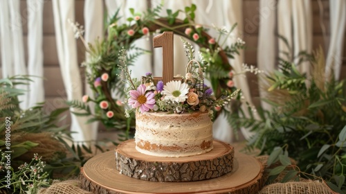 Rustic First Birthday Cake with Wooden Number 1 and Wildflower Wreath for a Charming Country Celebration