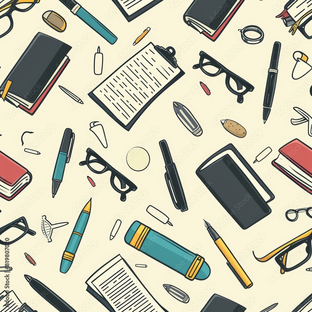 Seamless Pattern with Contracts, Pens, Glasses, and Office Supplies for Professional Legal Marketing or Textile Design Seamless Pattern with Contracts, Pens, Glasses, and Office Supplies for Professional Legal Marketing or Textile Design