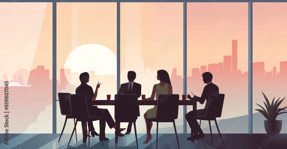 Obraz premium Vector Illustration depicting a meeting with company directors to discuss financial figures and results, supported by graphs and balance sheet curves