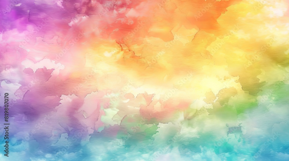 Watercolor background of abstract sunset sky with puffy clouds in colorful rainbow colors of pink, purple, yellow, green and blue Watercolor background of abstract sunset sky with puffy clouds in colorful rainbow colors of pink, purple, yellow, green and blue