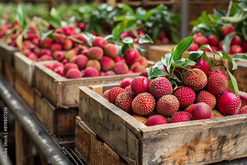 The harvested lychee is carefully packed in wooden boxes on the sorting line, ready for distribution at a bustling farm during the peak of the harvest season The harvested lychee is carefully packed in wooden boxes on the sorting line, ready for distribution at a bustling farm during the peak of the harvest season