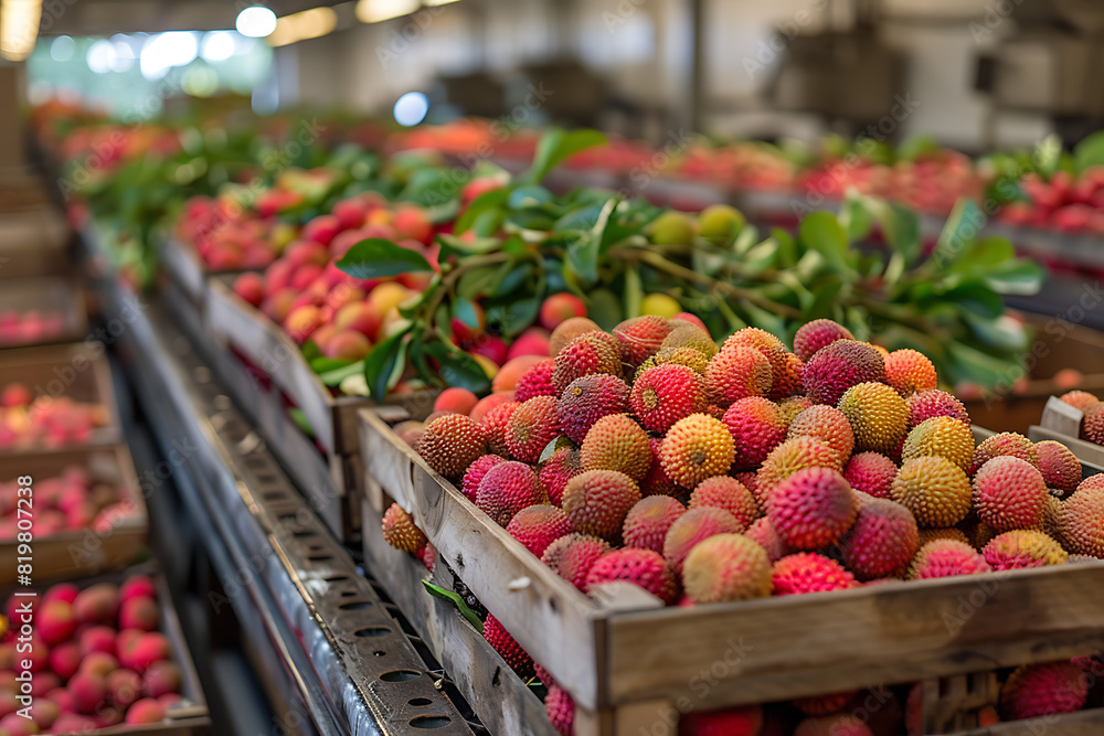 The harvested lychee is carefully packed in wooden boxes on the sorting line, ready for distribution at a bustling farm during the peak of the harvest season The harvested lychee is carefully packed in wooden boxes on the sorting line, ready for distribution at a bustling farm during the peak of the harvest season