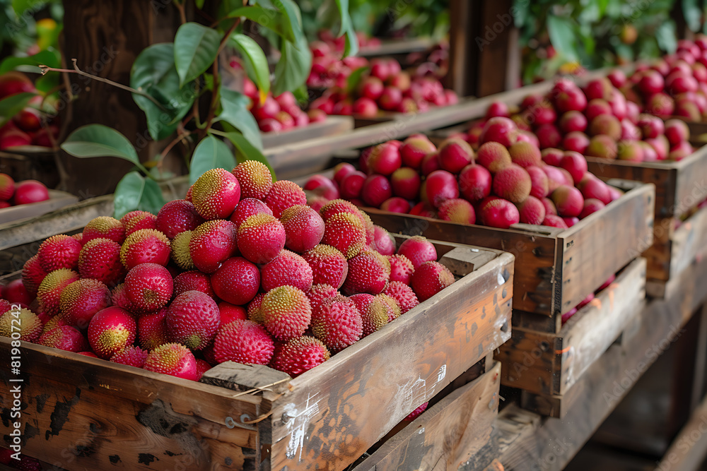 The harvested lychee is carefully packed in wooden boxes on the sorting line, ready for distribution at a bustling farm during the peak of the harvest season The harvested lychee is carefully packed in wooden boxes on the sorting line, ready for distribution at a bustling farm during the peak of the harvest season