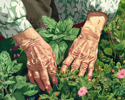 An elderly helper helping another senior with gardening activities - close up on their hands and the plants - realistic, Multilayer, in a blooming community garden