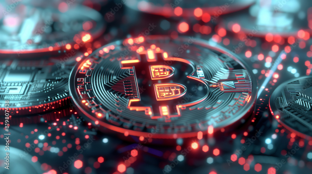 A close-up of a Bitcoin coin with a vibrant red 