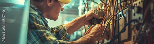 An electrician repairing a faulty circuit breaker - selective focus on the intricate wiring - dynamic in a home basement photo