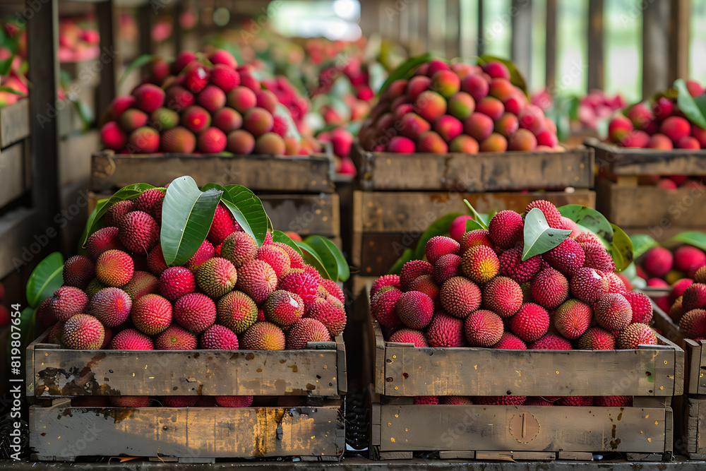 The harvested lychee is carefully packed in wooden boxes on the sorting line, ready for distribution at a bustling farm during the peak of the harvest season The harvested lychee is carefully packed in wooden boxes on the sorting line, ready for distribution at a bustling farm during the peak of the harvest season